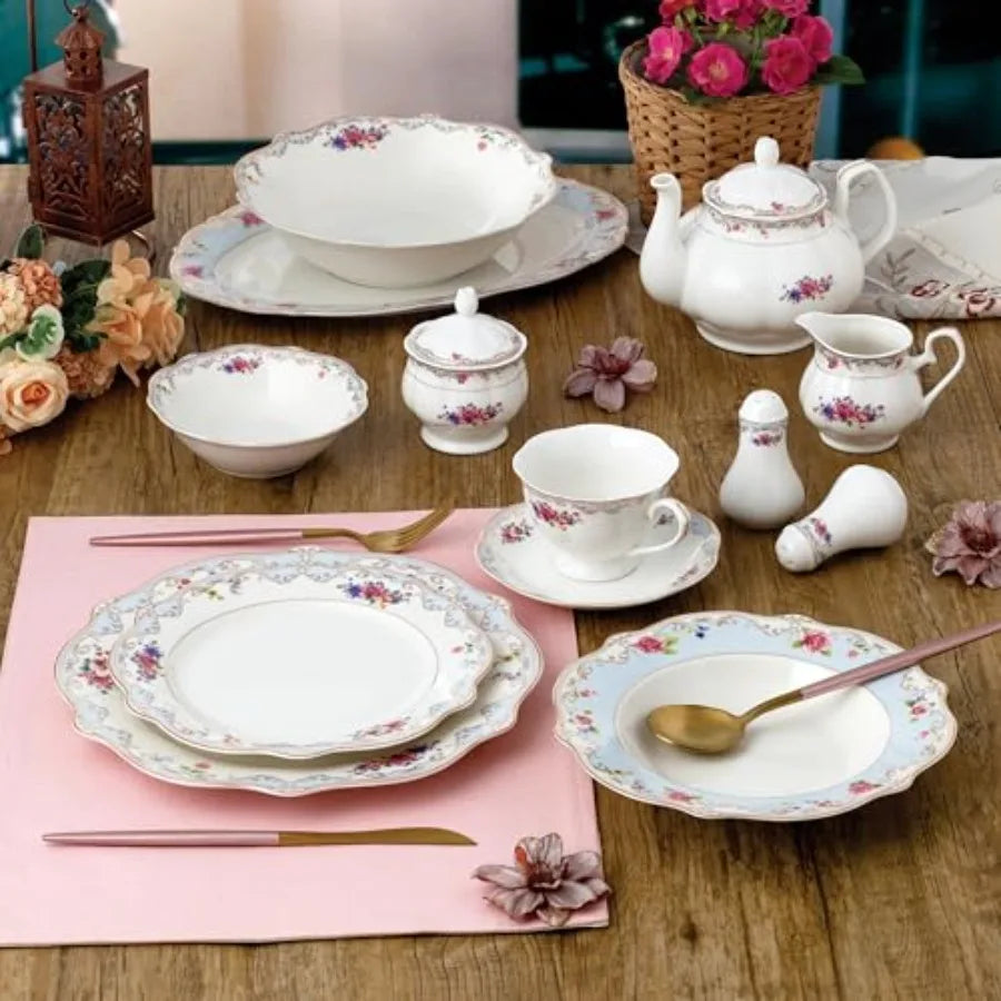 Romantic Bloom 57-Piece Bone China Dinnerware Set Service for 8 Floral with Blue and Gold Trim