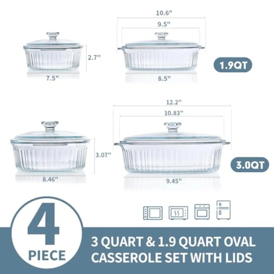 4-Piece Glass Casserole Baking Dish, Set of 2 Casseroles With Glass Lids, 1.9 Qt and 3 Qt