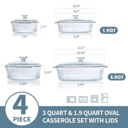 4-Piece Glass Casserole Baking Dish, Set of 2 Casseroles With Glass Lids, 1.9 Qt and 3 Qt