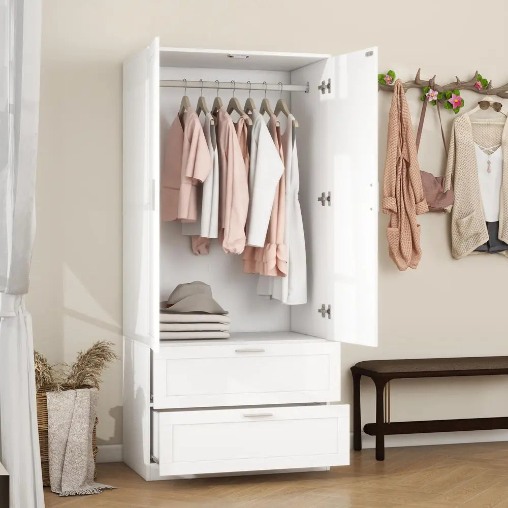 Modern 2 Doors 2 Drawers  Armoirest with Hanging Rod