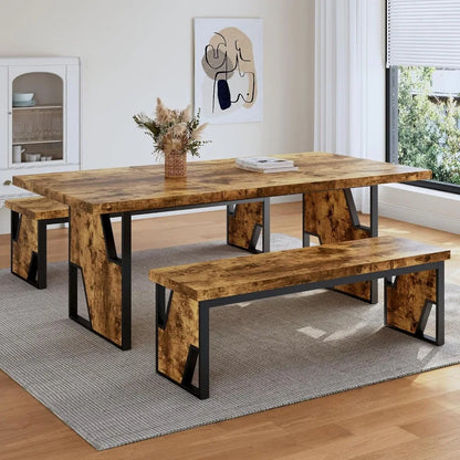 70.8" Wooden Dining Table with 2 Benches,  Set for 4-6 Person,