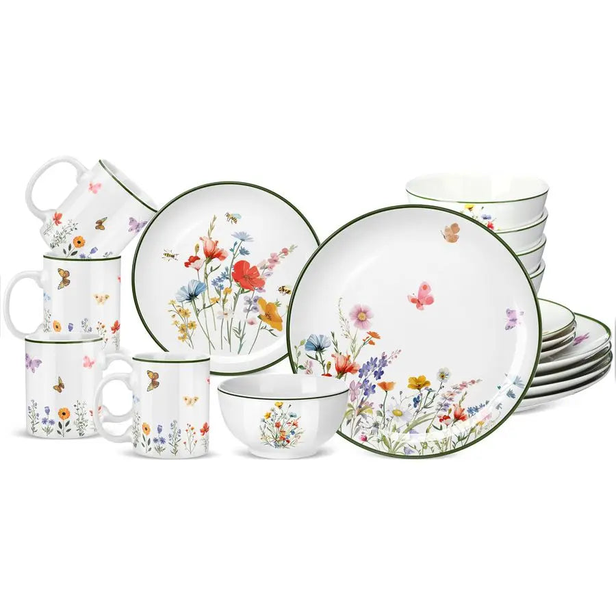 16 Pcs Wildflower Ceramic Dinnerware Set Floral Dish Set Spring Butterfly
