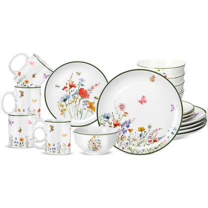 16 Pcs Wildflower Ceramic Dinnerware Set Floral Dish Set Spring Butterfly
