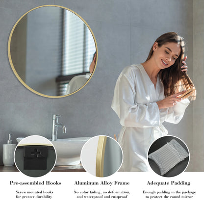 JHK 30 Inch Large Gold Round Vanity Framed Mirror Tempered Glass Bedroom Living Room