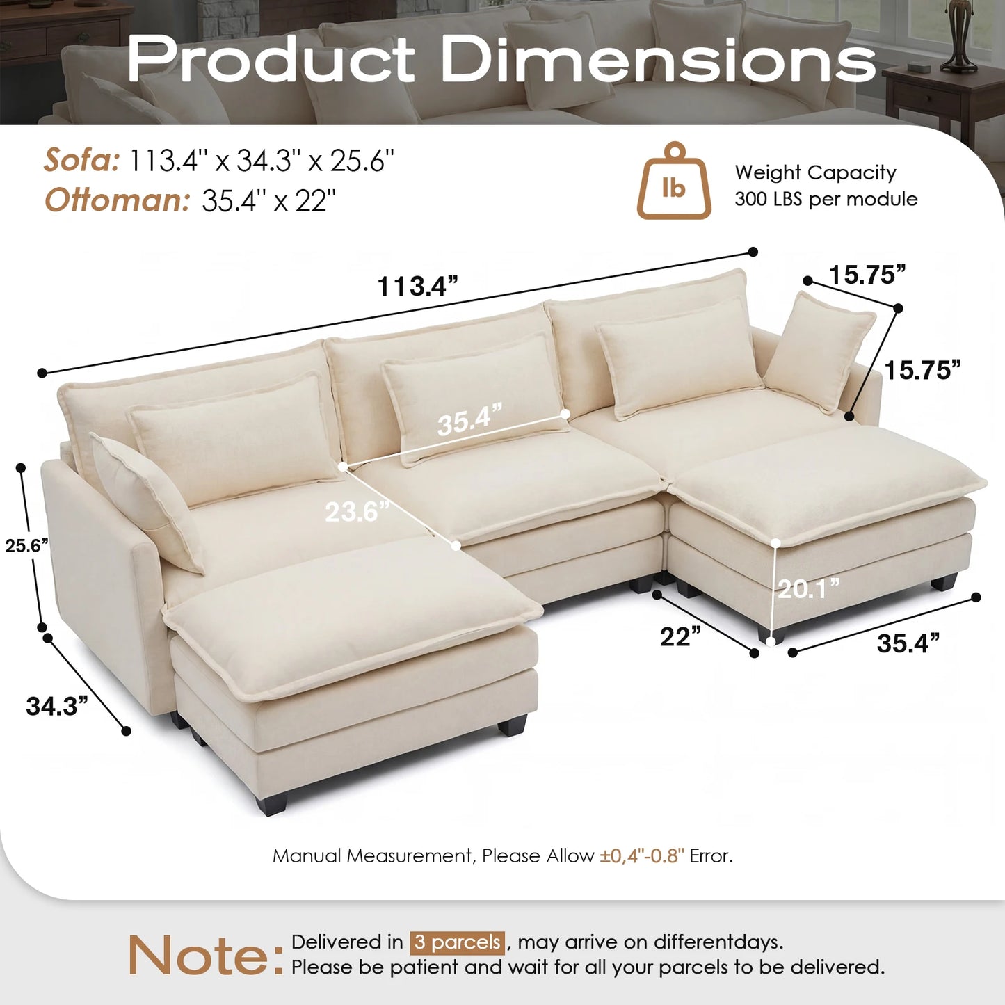 Redlife 113.4" Modular  Sofa with Ottoman,  Deep Seat (23.6" D), Solid Wood Frame,