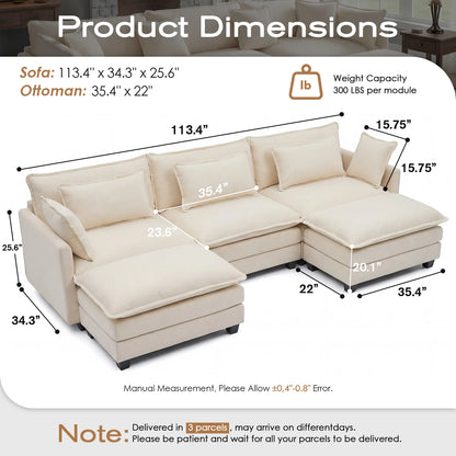 Redlife 113.4" Modular  Sofa with Ottoman,  Deep Seat (23.6" D), Solid Wood Frame,