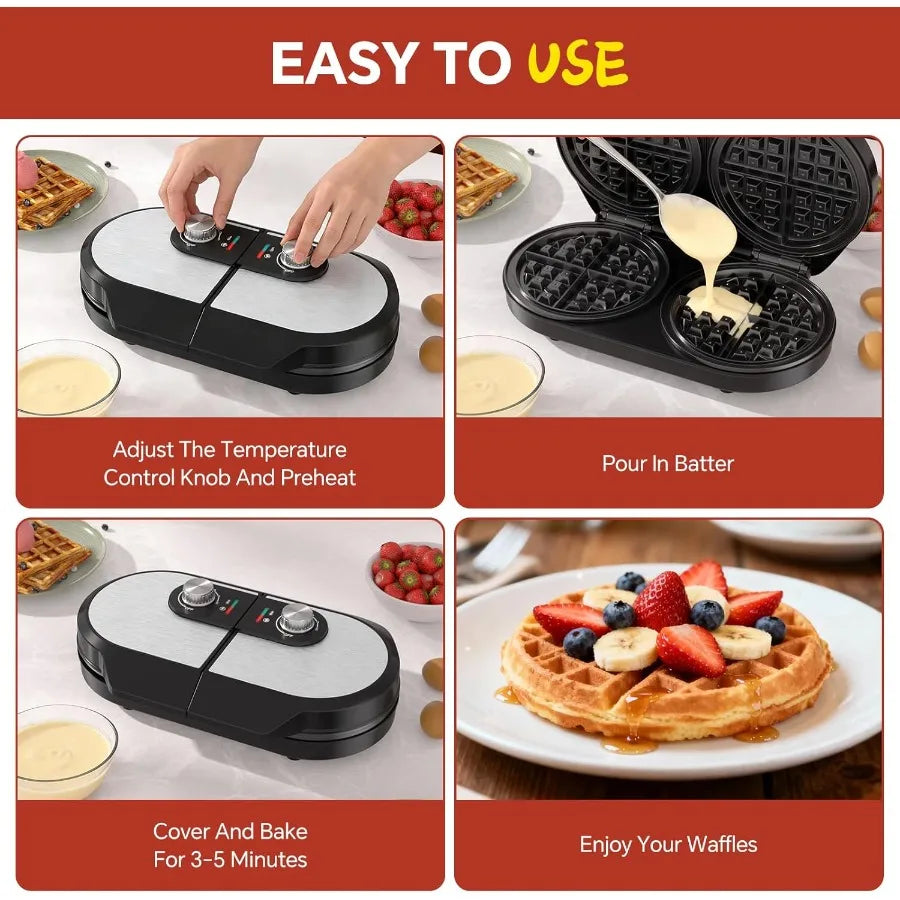 Non stick Double Waffle 2Temp Knobs Indicator Lights Easy-Clean