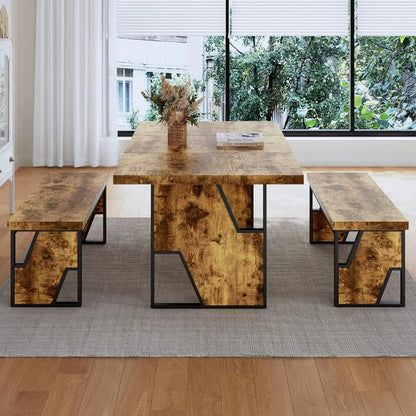 70.8" Wooden Dining Table with 2 Benches,  Set for 4-6 Person,