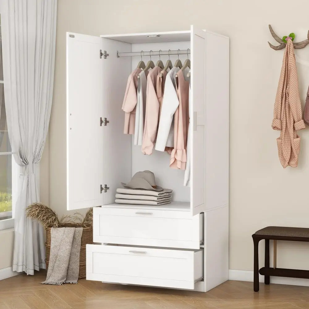 Modern 2 Doors 2 Drawers  Armoirest with Hanging Rod