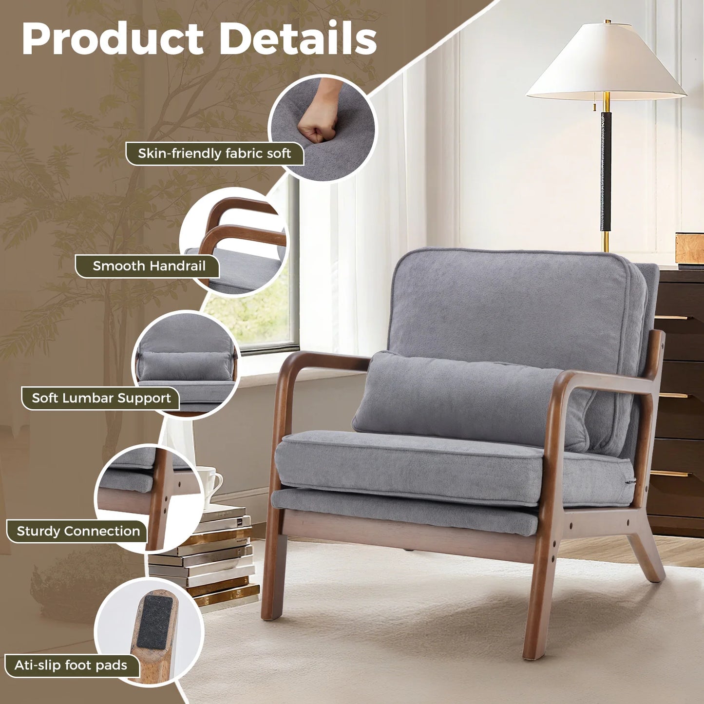JHK Mid Century Modern Chair Solid Wooden Frame