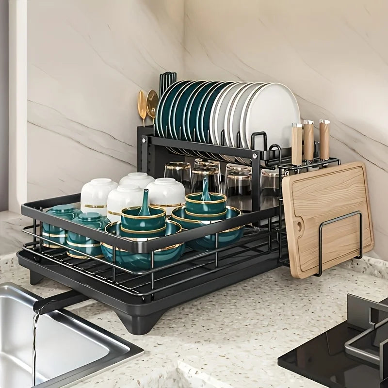 2-Layer Elevated Capacity Drain Rack Rust-Proof Dish Organizer