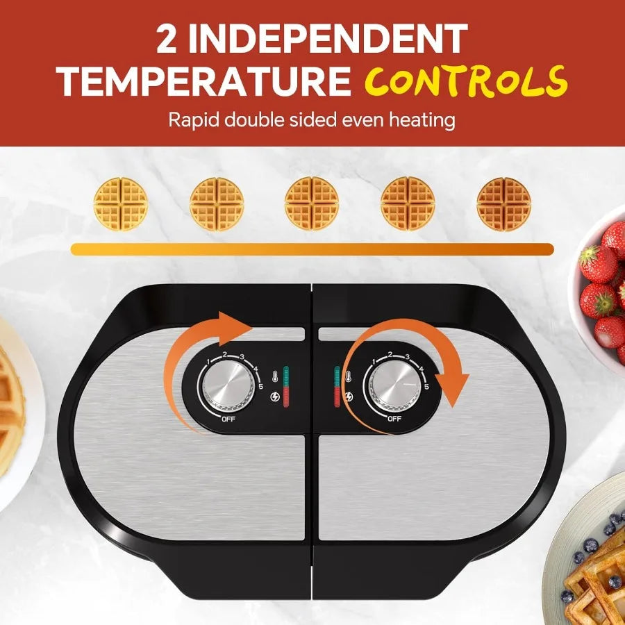Non stick Double Waffle 2Temp Knobs Indicator Lights Easy-Clean