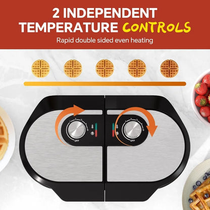 Non stick Double Waffle 2Temp Knobs Indicator Lights Easy-Clean