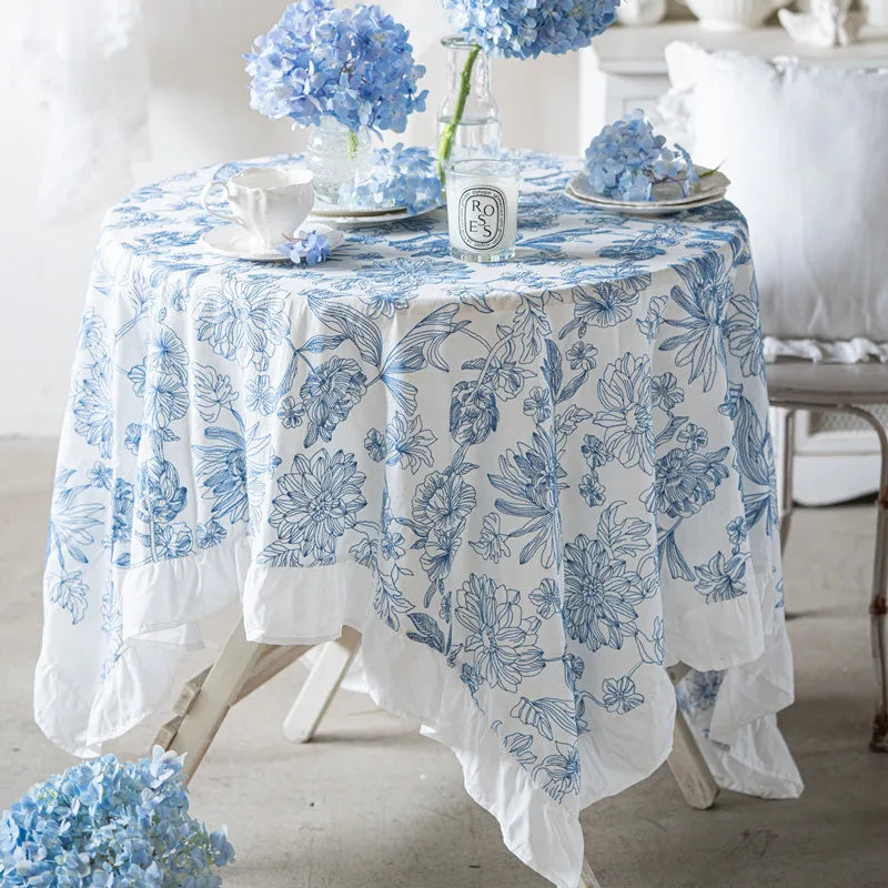 Cotton Table Cloth Waterproof Oilproof  Blue and White Porcelain Embroidery Table Cover