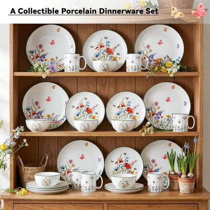 16 Pcs Wildflower Ceramic Dinnerware Set Floral Dish Set Spring Butterfly