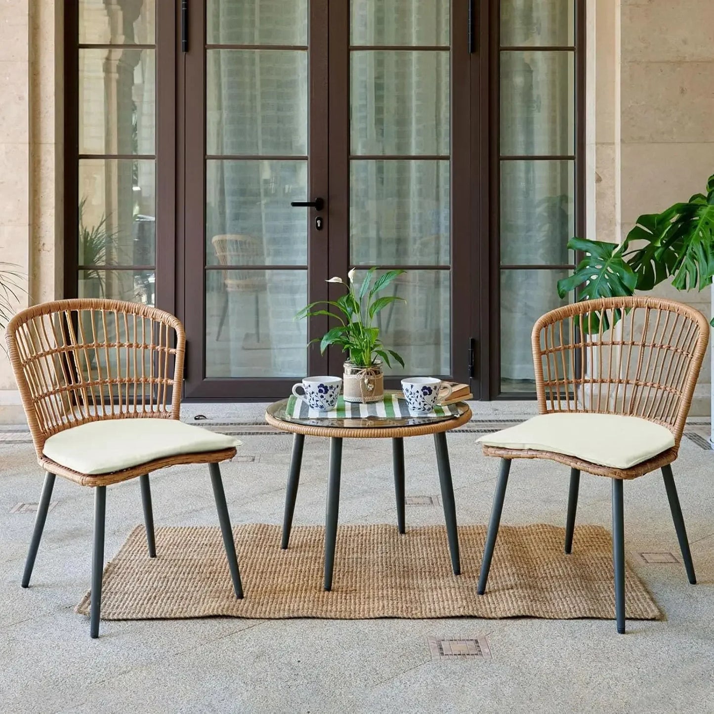 3 Piece Outdoor Wicker Bistro Set, w/2  Rattan Chairs and Tempered Glass Table,