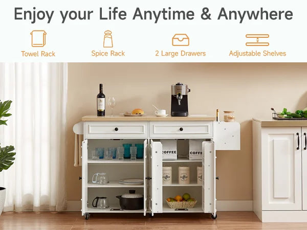 60" Mobile Kitchen Island Table Drop Leaf Carts with Power Outlet