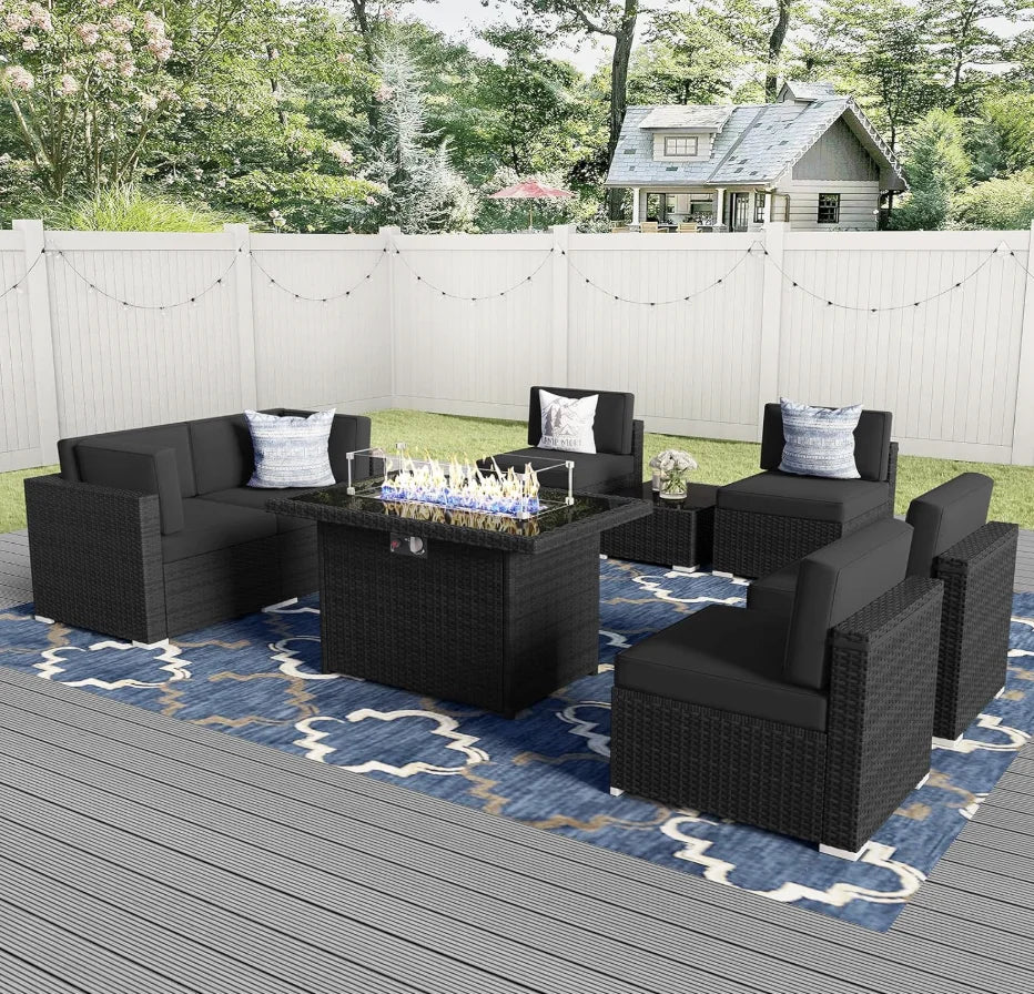 8 Pieces Patio Furniture Set with 44" Propane  Conversation Sofa Sets