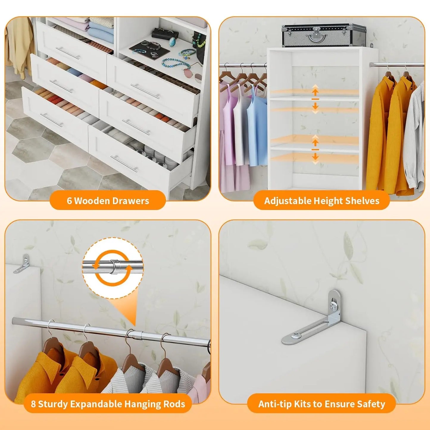 6-15FT Wooden Closet Organizer 8 Rods  White 2 Sets, Customized