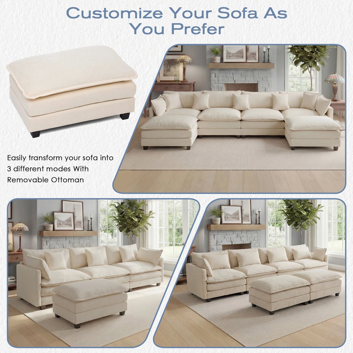 Redlife 113.4" Modular  Sofa with Ottoman,  Deep Seat (23.6" D), Solid Wood Frame,