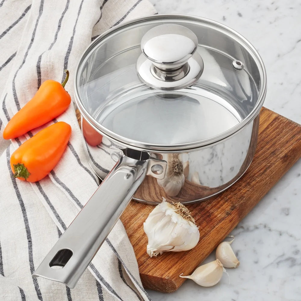 Oven Safe Stainless Steel Saucepan with Straining Lid 1qt Dishwasher