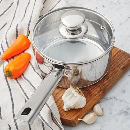 Oven Safe Stainless Steel Saucepan with Straining Lid 1qt Dishwasher