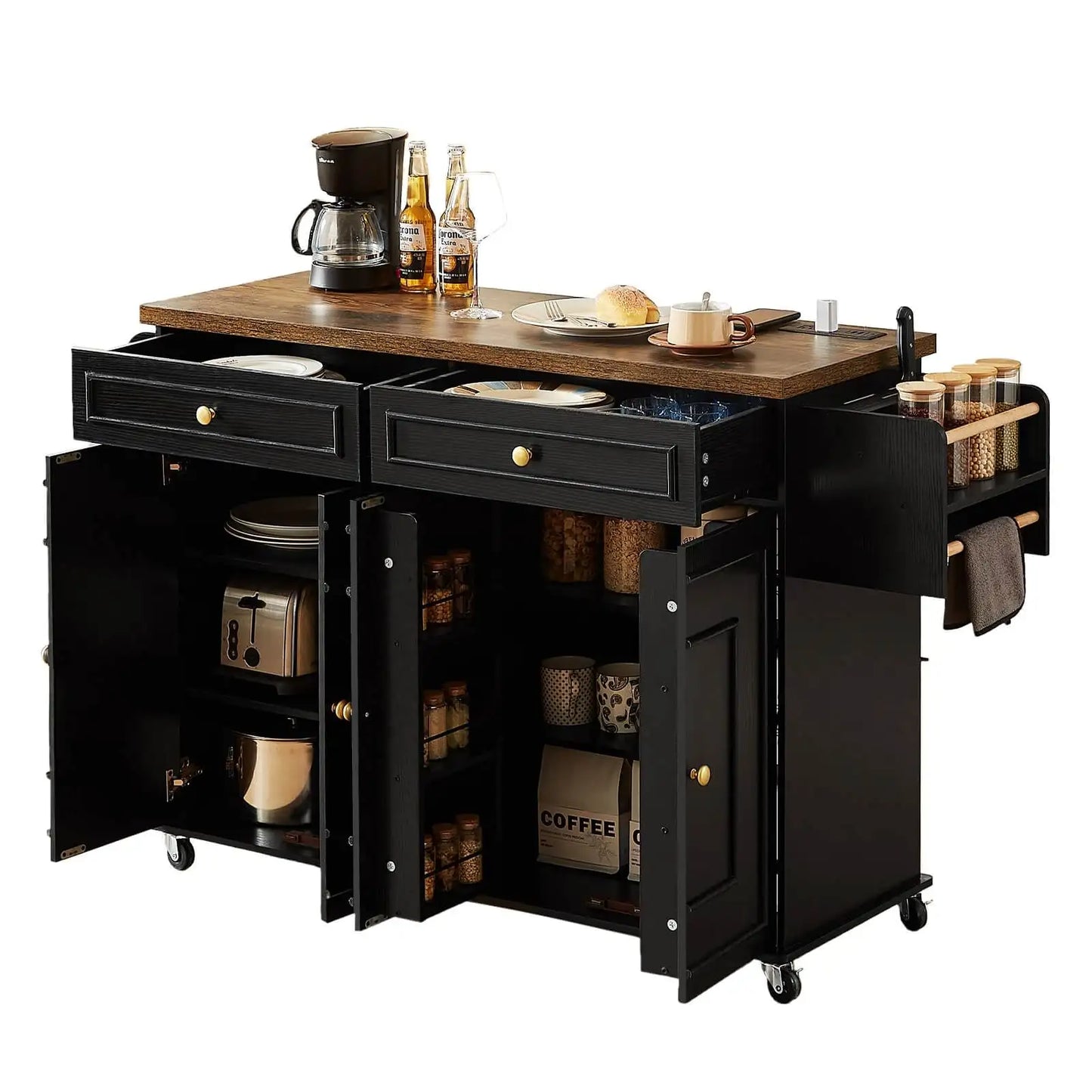 60" Mobile Kitchen Island Table Drop Leaf Carts with Power Outlet