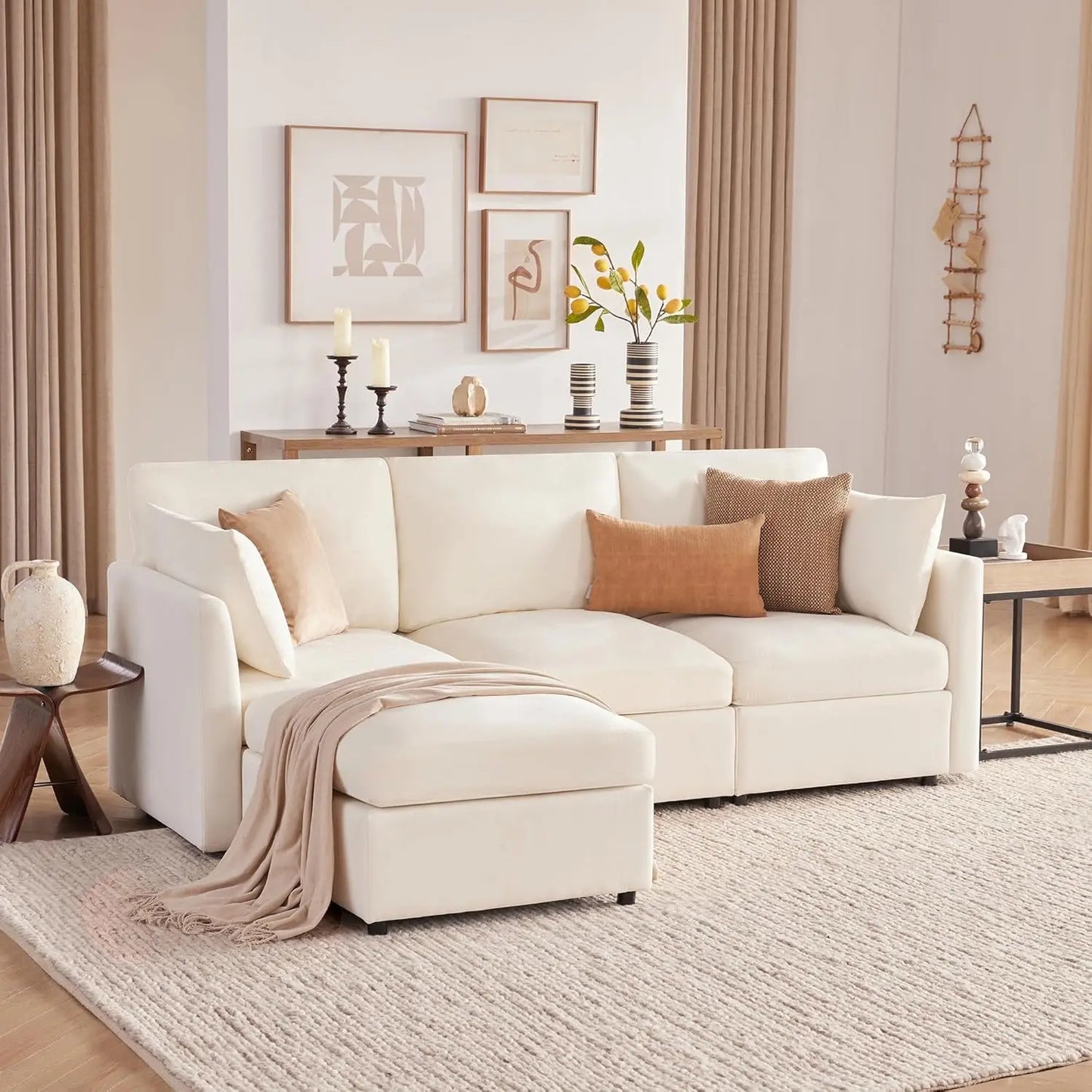 85" Convertible L Shaped Couch, ,Chenille Cloud Couch with Ottoman 4 Seat