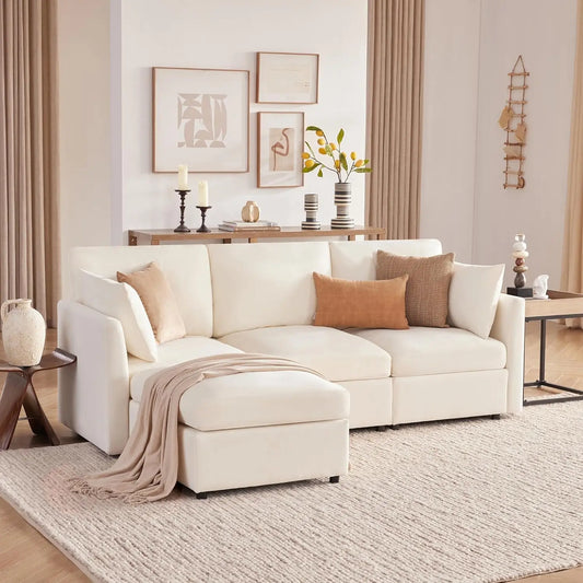 85" Convertible L Shaped Couch, ,Chenille Cloud Couch with Ottoman 4 Seat