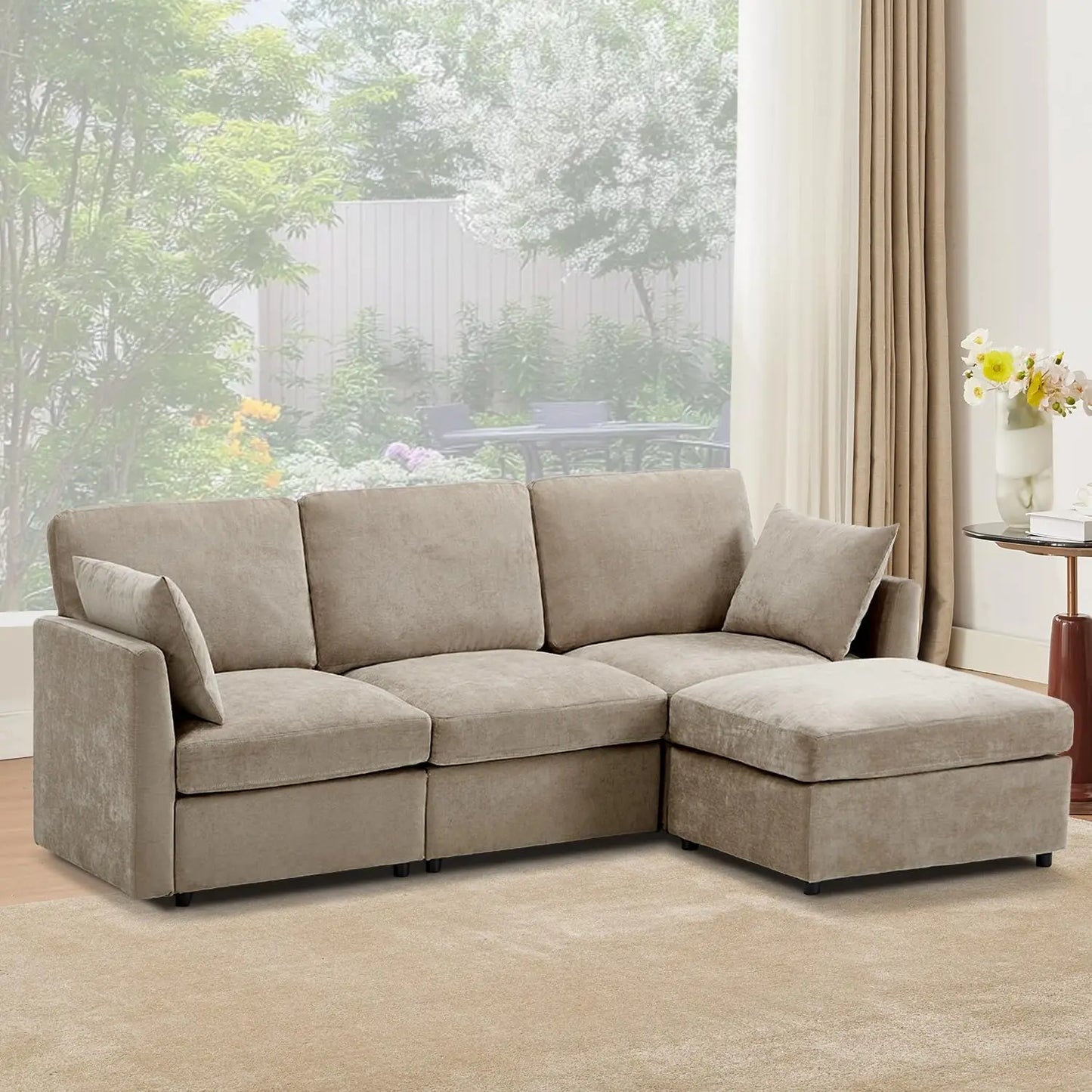 85" Convertible L Shaped Couch, ,Chenille Cloud Couch with Ottoman 4 Seat