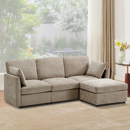 85" Convertible L Shaped Couch, ,Chenille Cloud Couch with Ottoman 4 Seat