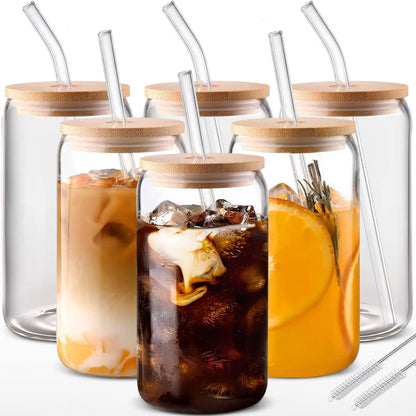 6pcs 18.6oz  Drinking Glasses with Bamboo Lid and Glass Straw