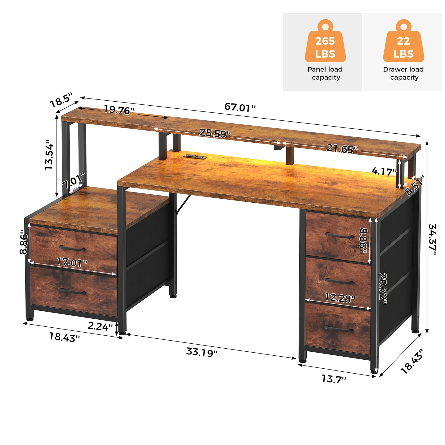 JHK 67In Desk with 5 Storage Drawers LED Lights Power Outlets