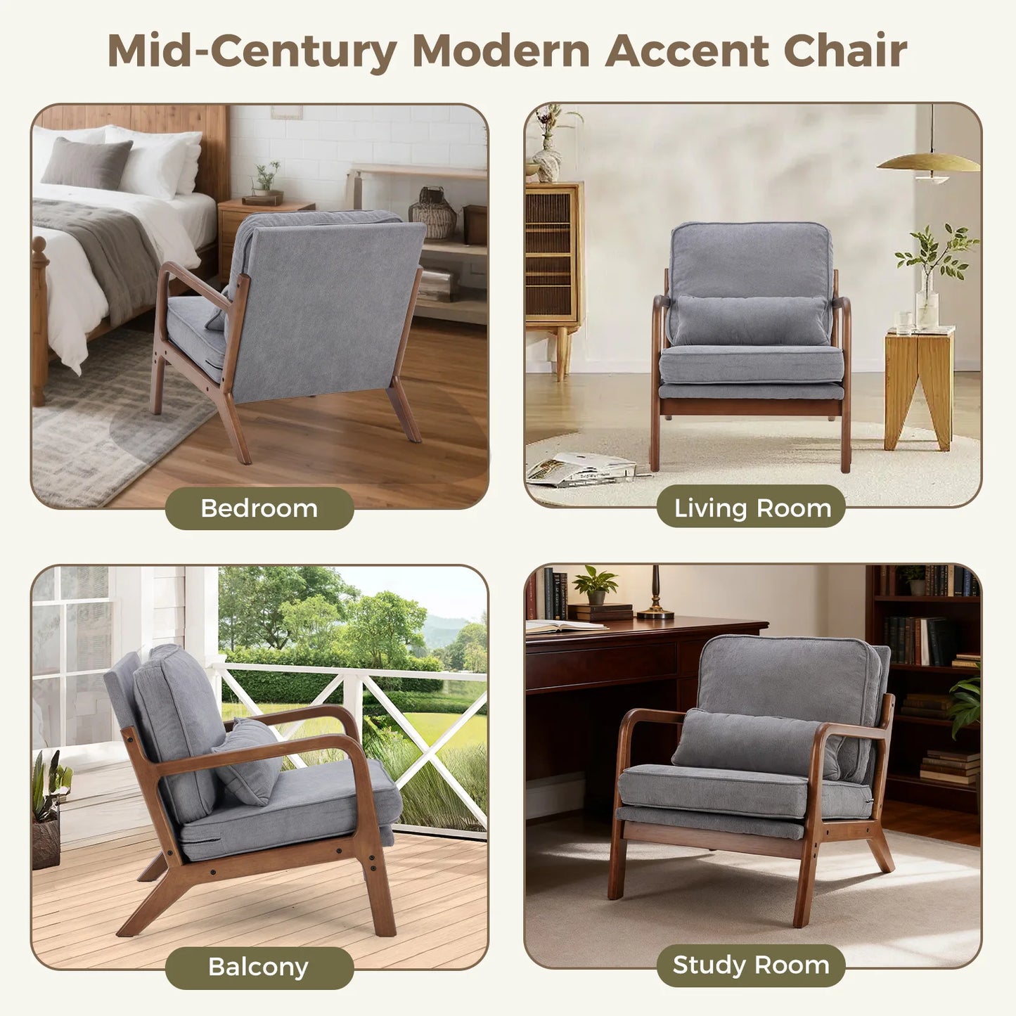 JHK Mid Century Modern Chair Solid Wooden Frame