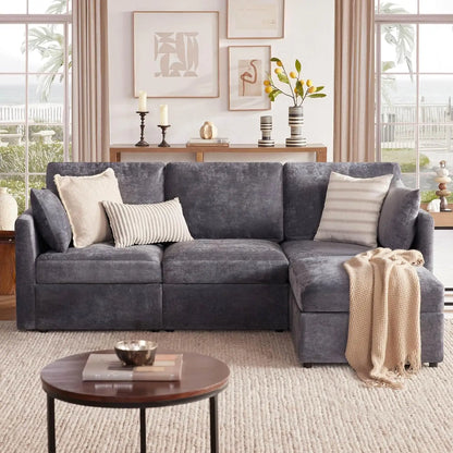 85" Convertible L Shaped Couch, ,Chenille Cloud Couch with Ottoman 4 Seat