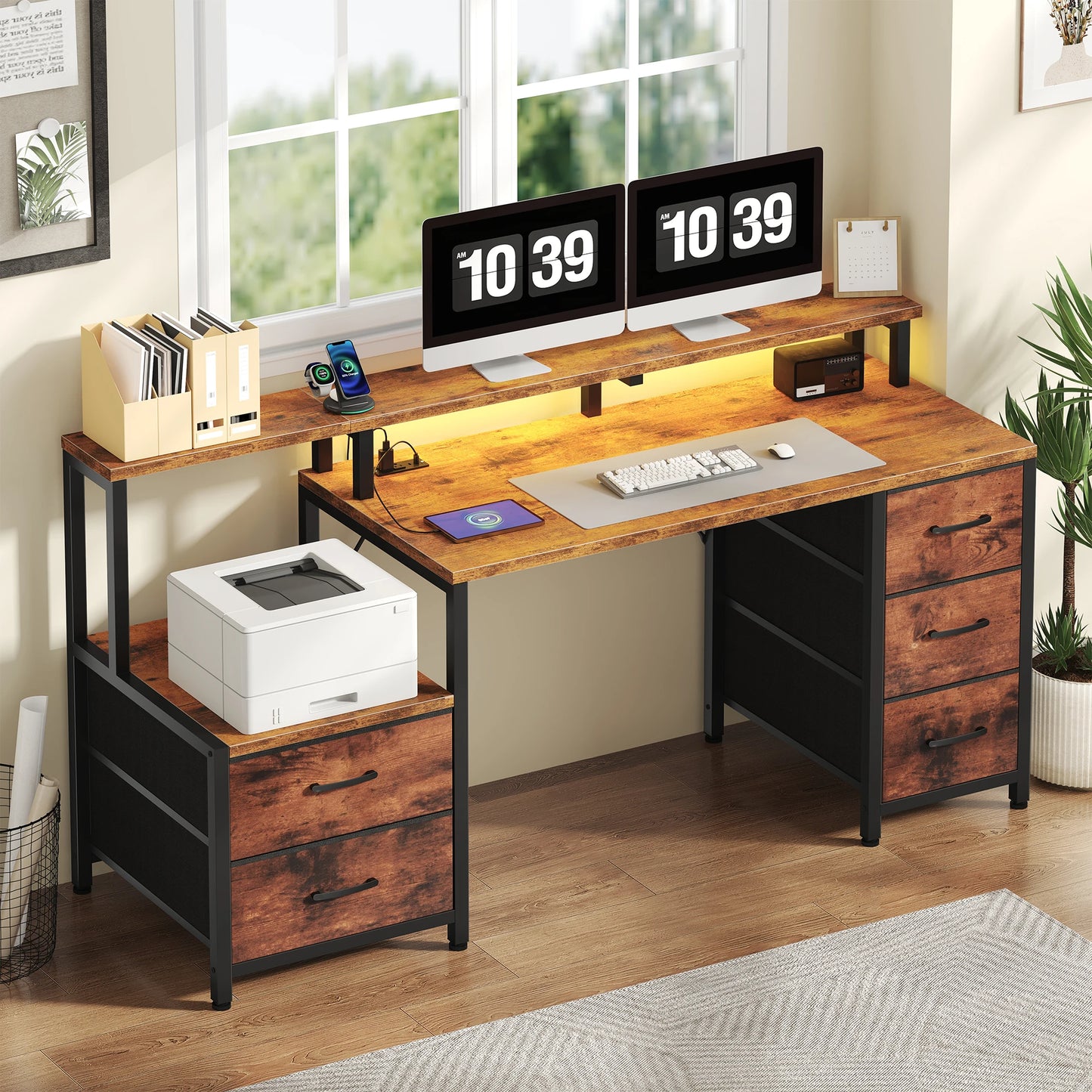 JHK 67In Desk with 5 Storage Drawers LED Lights Power Outlets