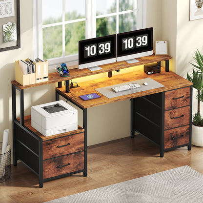 JHK 67In Desk with 5 Storage Drawers LED Lights Power Outlets