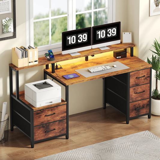 JHK 67In Desk with 5 Storage Drawers LED Lights Power Outlets