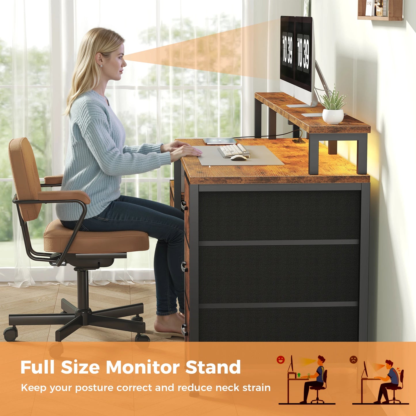 JHK 67In Desk with 5 Storage Drawers LED Lights Power Outlets