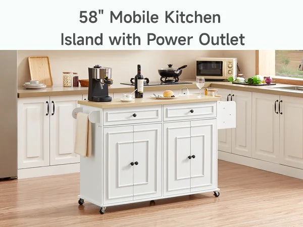 60" Mobile Kitchen Island Table Drop Leaf Carts with Power Outlet