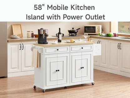 60" Mobile Kitchen Island Table Drop Leaf Carts with Power Outlet