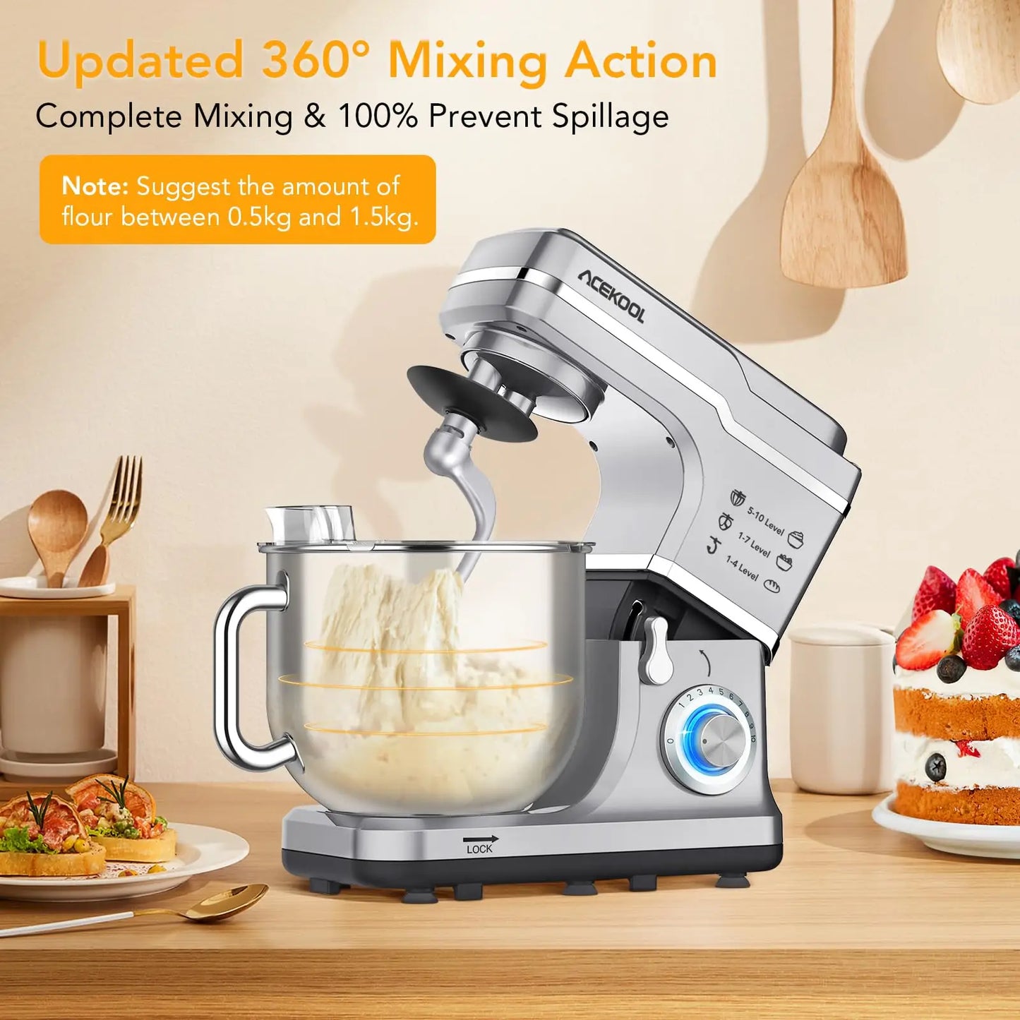 7.5Qt Electric Dough Mixer, Tilt-Head  With Stainless Steel Bowl & Attachments
