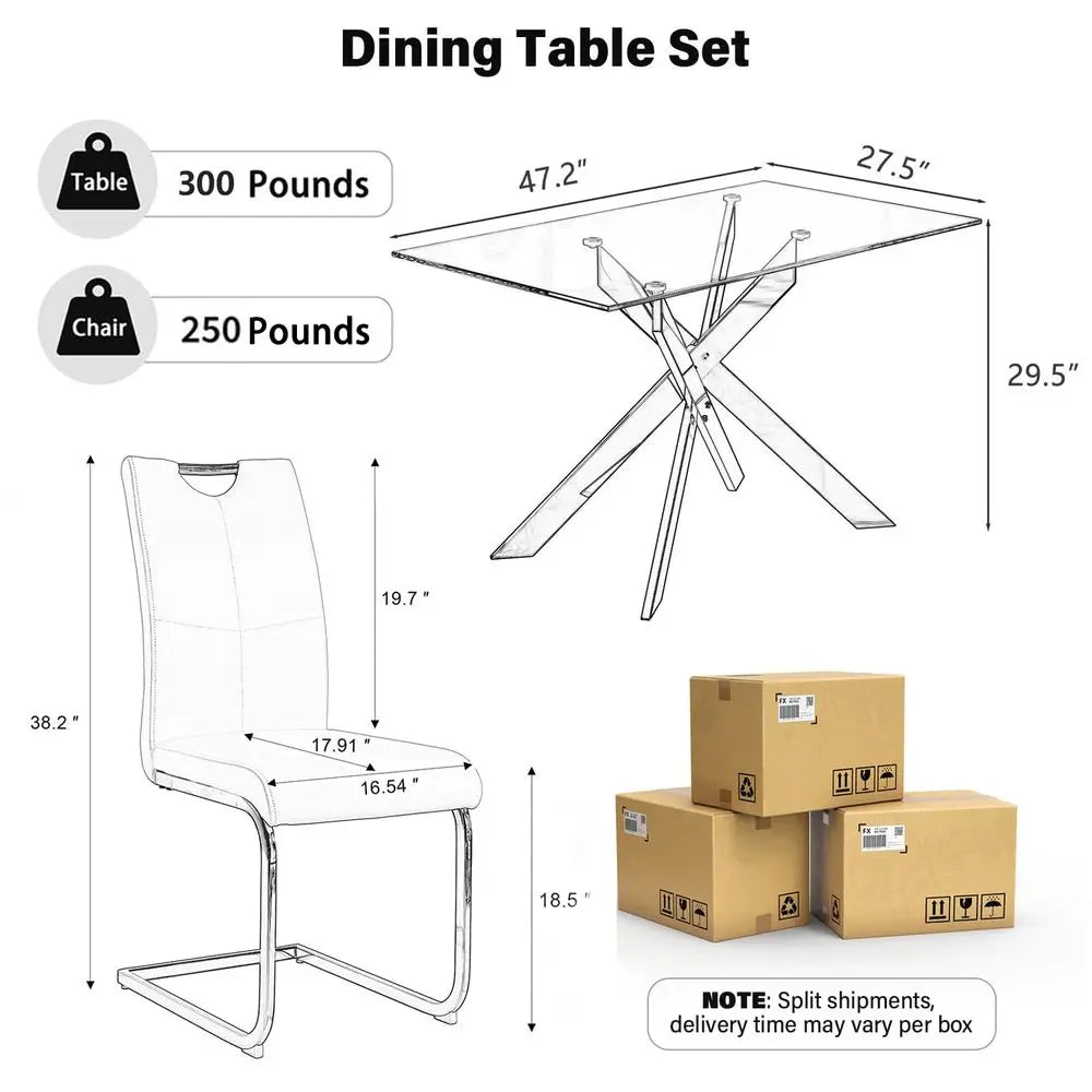 Dining Table Set for 4, Modern Rectangular Glass Table with 4 Upholstered Leather chairs