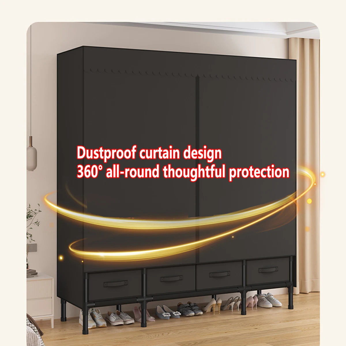Portable Wardrobe, 55-inch Sliding Curtain Three Hanger Racks for Clothes