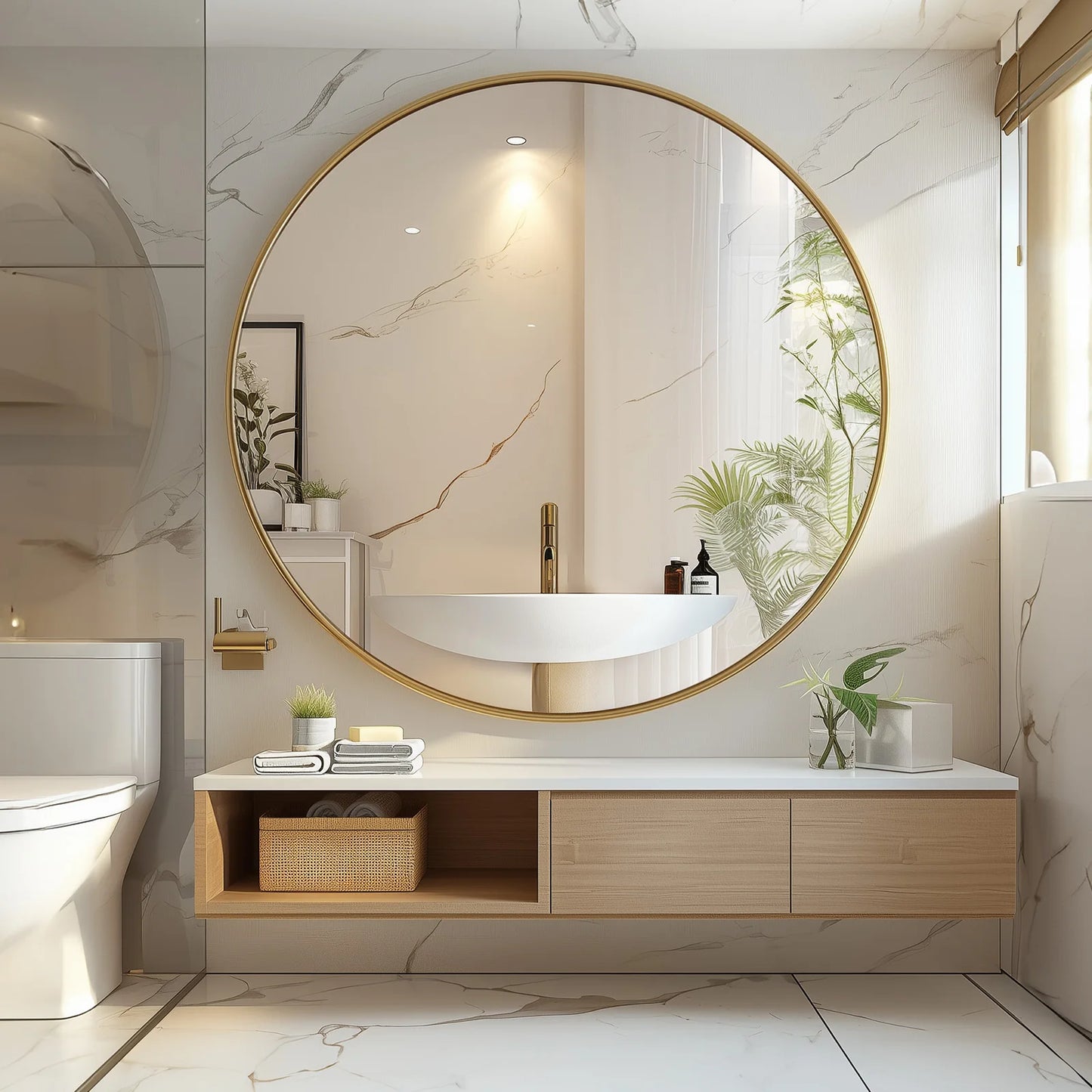 JHK 30 Inch Large Gold Round Vanity Framed Mirror Tempered Glass Bedroom Living Room