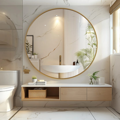 JHK 30 Inch Large Gold Round Vanity Framed Mirror Tempered Glass Bedroom Living Room