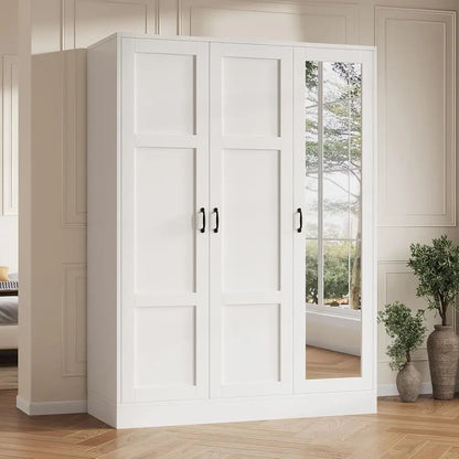 3-Door Wardrobe with Mirror, White storage Cabinet