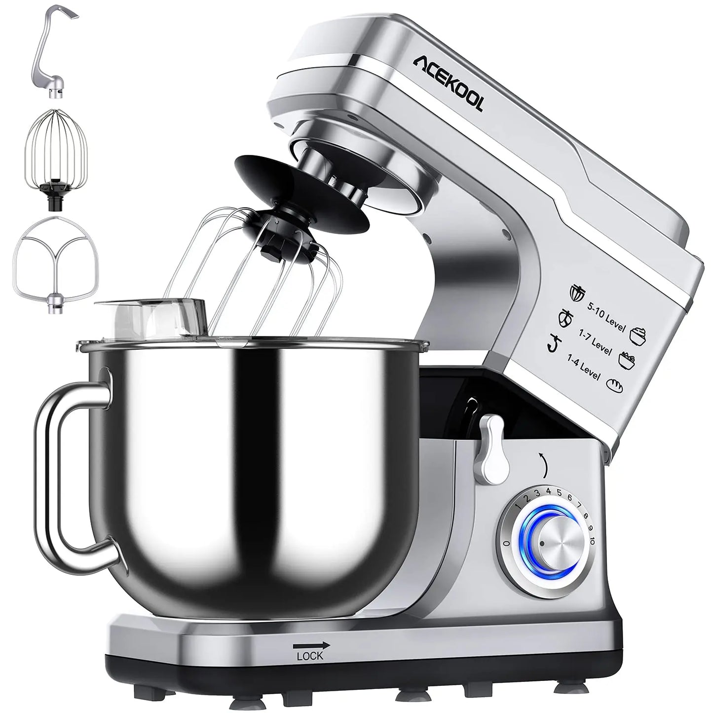 7.5Qt Electric Dough Mixer, Tilt-Head  With Stainless Steel Bowl & Attachments