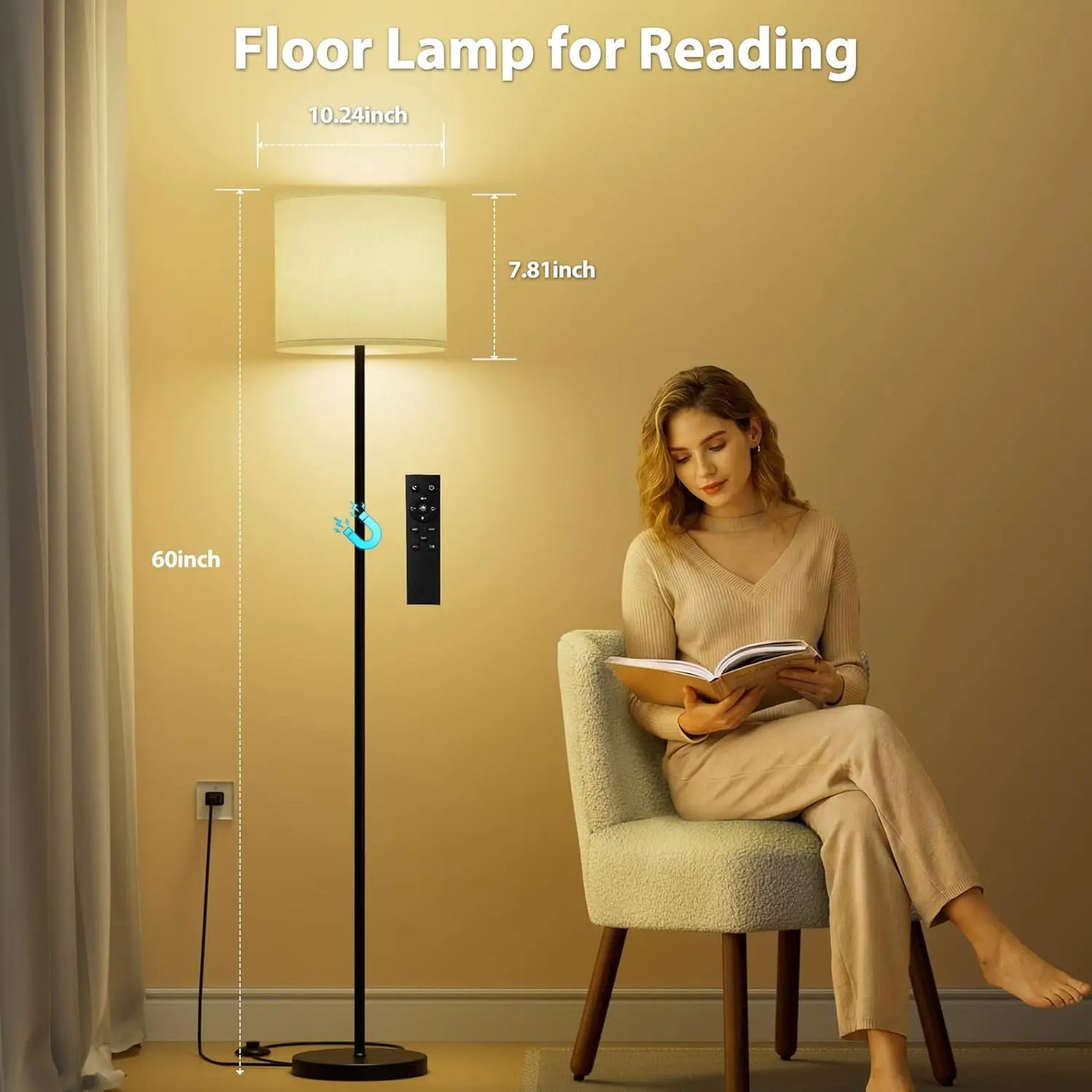Dimmable Floor Lamp with Remote, Adjustable Color Temperature, Linen Shade