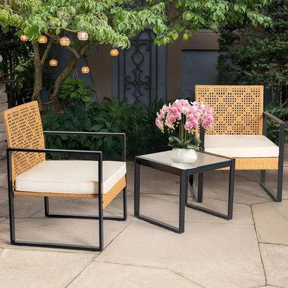 3 Piece Outdoor Wicker Bistro Set, w/2  Rattan Chairs and Tempered Glass Table,